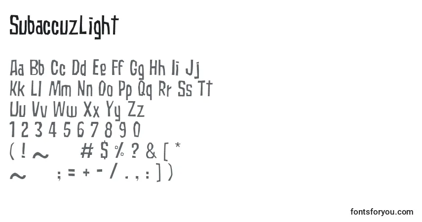 Czcionka SubaccuzLight – alfabet, cyfry, specjalne znaki