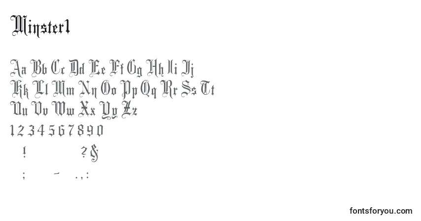 Czcionka Minster1 – alfabet, cyfry, specjalne znaki