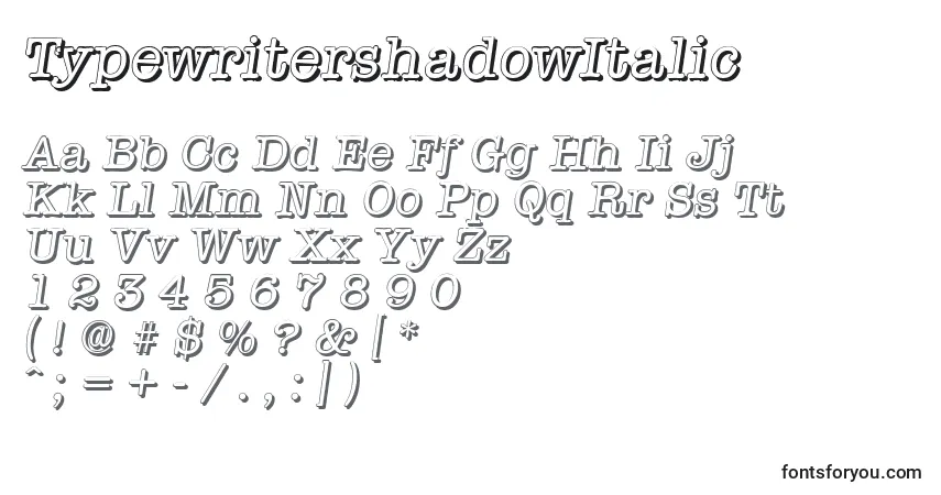 TypewritershadowItalicフォント–アルファベット、数字、特殊文字