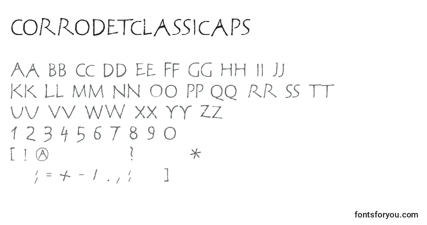A fonte Corrodetclassicaps – alfabeto, números, caracteres especiais