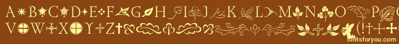 GoldencockerelinitornitcTt-fontti – keltaiset fontit ruskealla taustalla