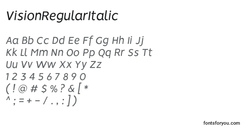 A fonte VisionRegularItalic – alfabeto, números, caracteres especiais