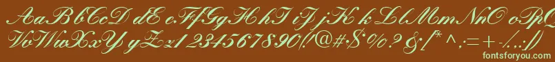 フォントQuillscriptblackssk – 緑色の文字が茶色の背景にあります。