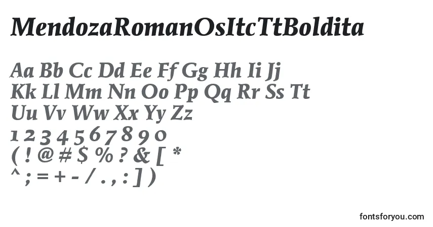 A fonte MendozaRomanOsItcTtBoldita – alfabeto, números, caracteres especiais