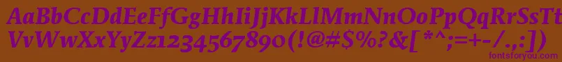 MendozaRomanOsItcTtBoldita-fontti – violetit fontit ruskealla taustalla