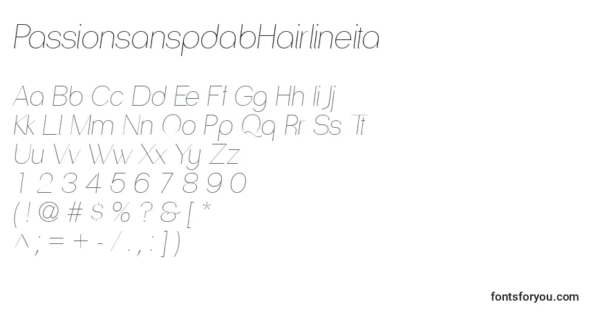 Schriftart PassionsanspdabHairlineita – Alphabet, Zahlen, spezielle Symbole