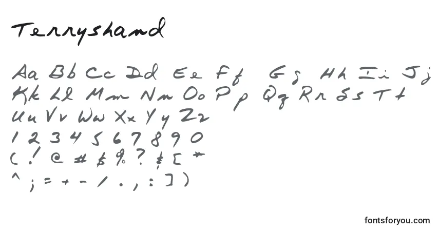 A fonte Terryshand – alfabeto, números, caracteres especiais