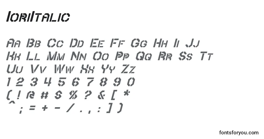 Шрифт IoriItalic – алфавит, цифры, специальные символы