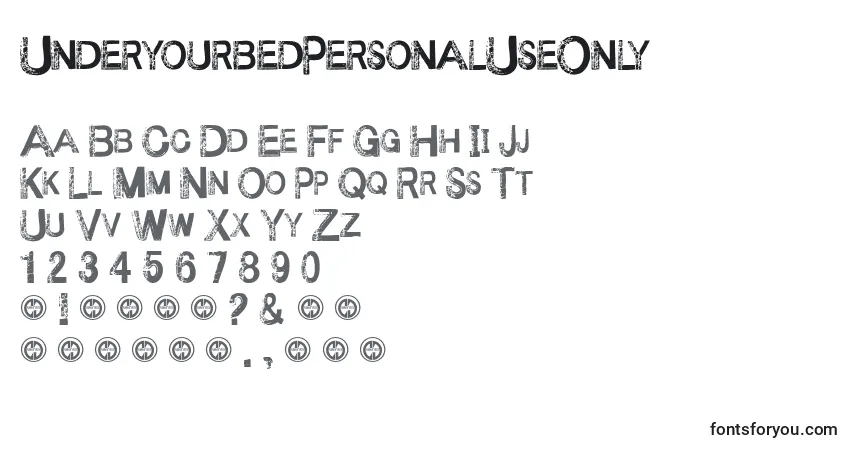 Schriftart UnderyourbedPersonalUseOnly – Alphabet, Zahlen, spezielle Symbole