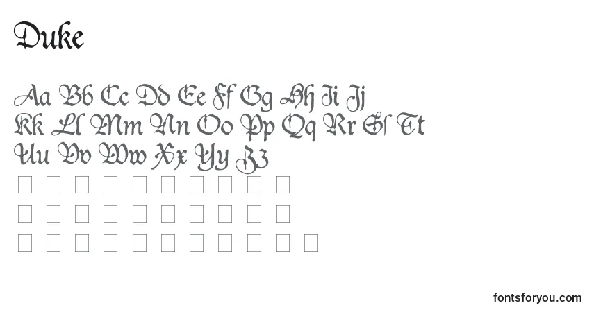Schriftart Duke – Alphabet, Zahlen, spezielle Symbole