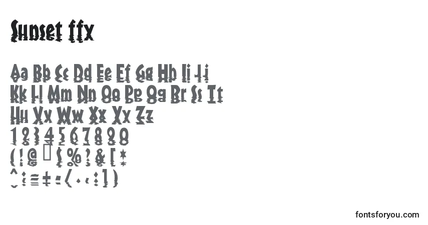 Czcionka Sunset ffy – alfabet, cyfry, specjalne znaki