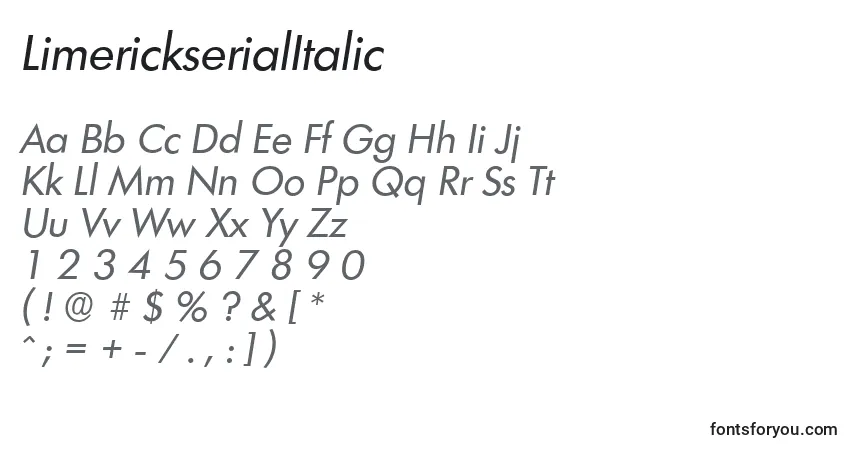 Czcionka LimerickserialItalic – alfabet, cyfry, specjalne znaki