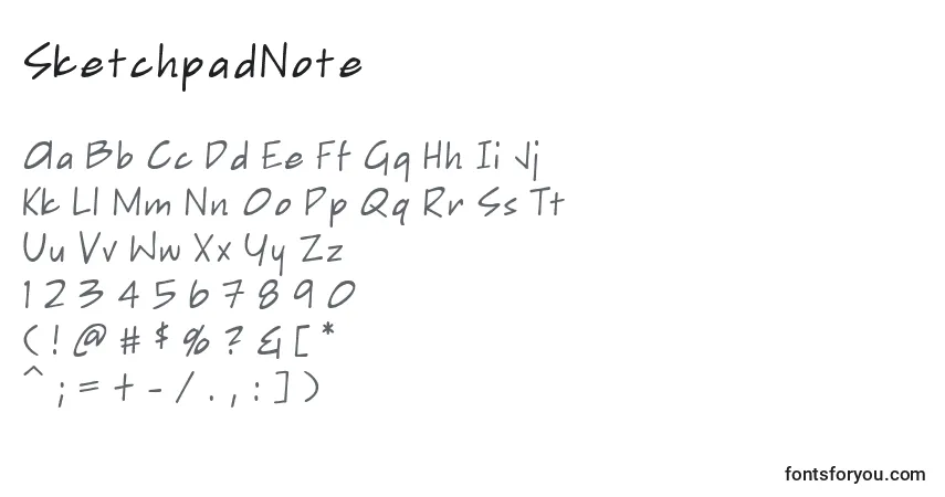 A fonte SketchpadNote – alfabeto, números, caracteres especiais