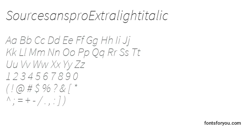 A fonte SourcesansproExtralightitalic – alfabeto, números, caracteres especiais