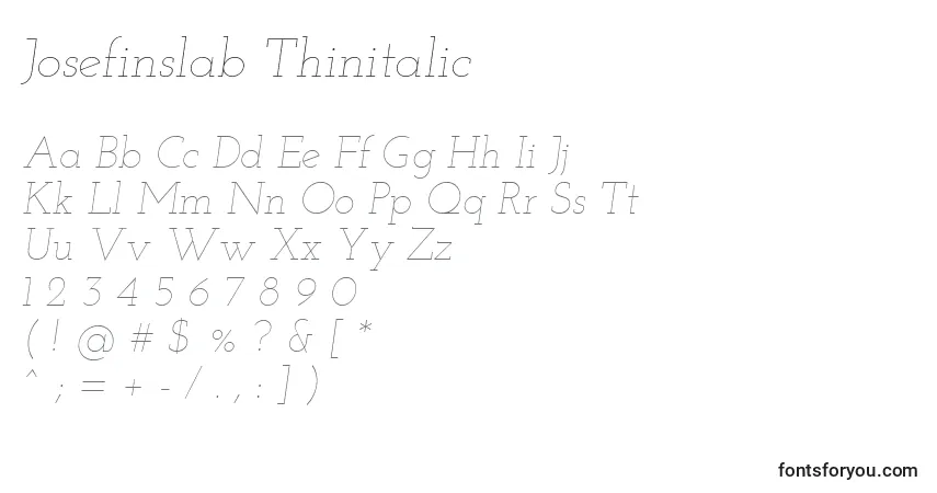 Czcionka Josefinslab Thinitalic – alfabet, cyfry, specjalne znaki