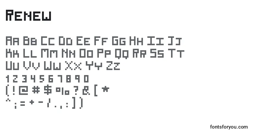 Czcionka Renew – alfabet, cyfry, specjalne znaki