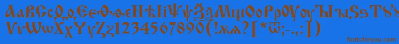 フォントIzhitsaNormal2 – 茶色の文字が青い背景にあります。