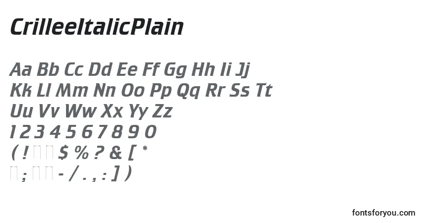 A fonte CrilleeItalicPlain – alfabeto, números, caracteres especiais