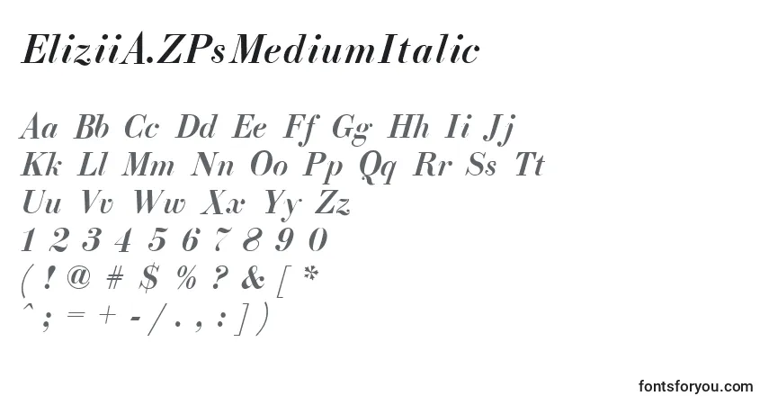 Шрифт EliziiA.ZPsMediumItalic – алфавит, цифры, специальные символы