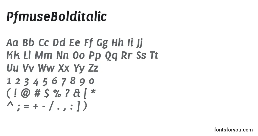 Czcionka PfmuseBolditalic – alfabet, cyfry, specjalne znaki
