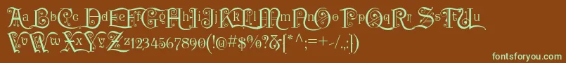 フォントP22KilkennyInitialCap – 緑色の文字が茶色の背景にあります。