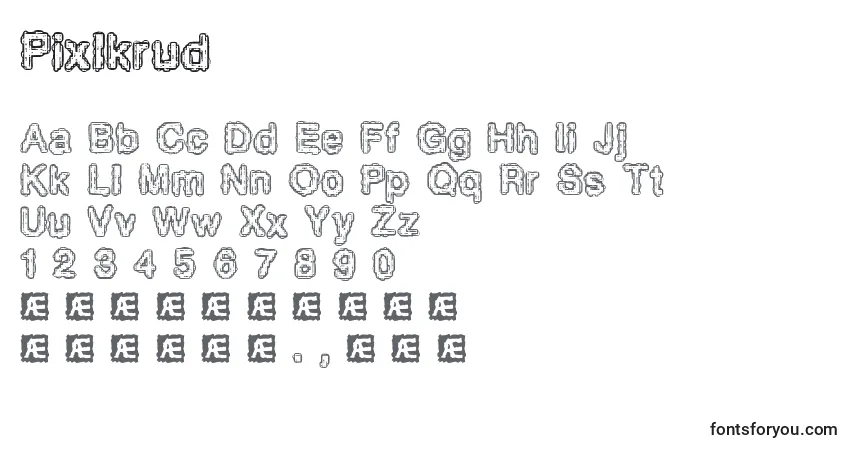 A fonte Pixlkrud – alfabeto, números, caracteres especiais