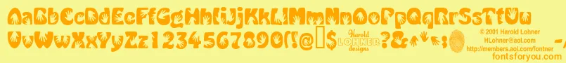HandMe-Schriftart – Orangefarbene Schriften auf gelbem Hintergrund