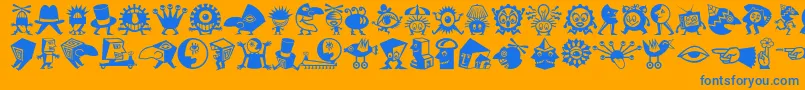 Minipicslilcreatures-Schriftart – Blaue Schriften auf orangefarbenem Hintergrund