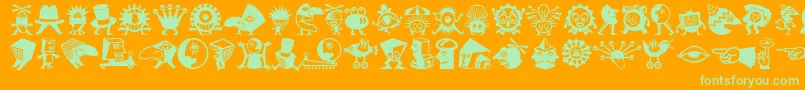 Minipicslilcreatures-Schriftart – Grüne Schriften auf orangefarbenem Hintergrund