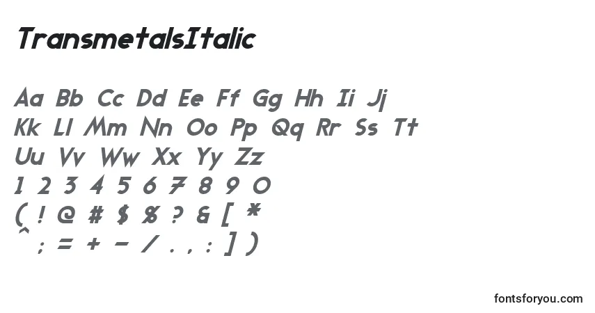 Schriftart TransmetalsItalic – Alphabet, Zahlen, spezielle Symbole