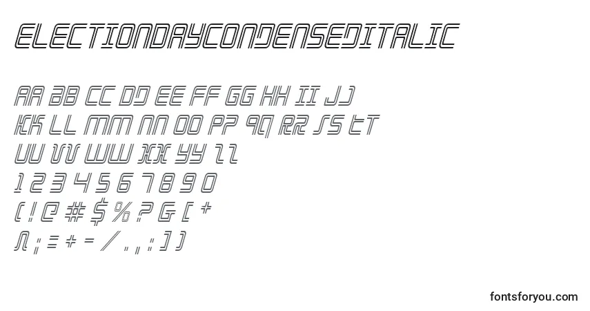 Schriftart ElectionDayCondensedItalic – Alphabet, Zahlen, spezielle Symbole