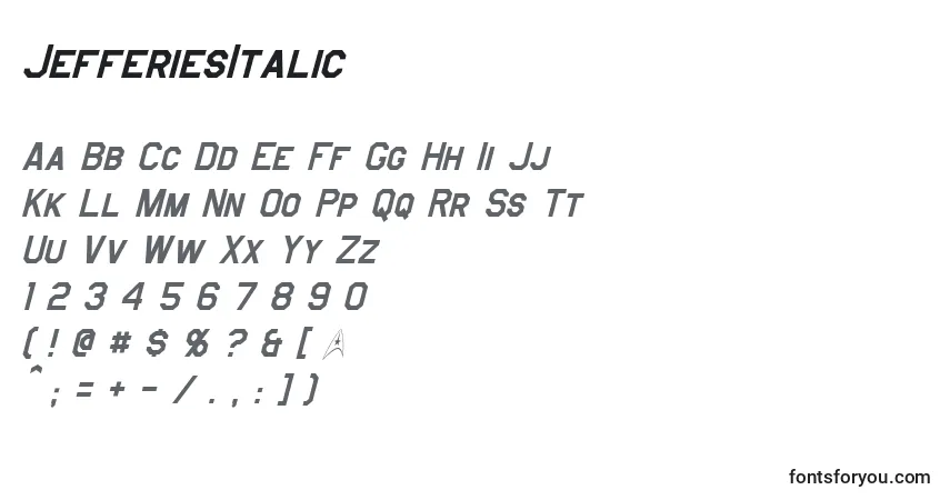 Schriftart JefferiesItalic – Alphabet, Zahlen, spezielle Symbole