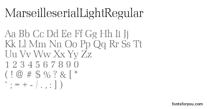 A fonte MarseilleserialLightRegular – alfabeto, números, caracteres especiais