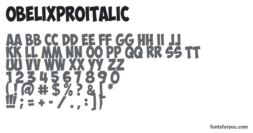 Schriftart ObelixProItalic – Alphabet, Zahlen, spezielle Symbole