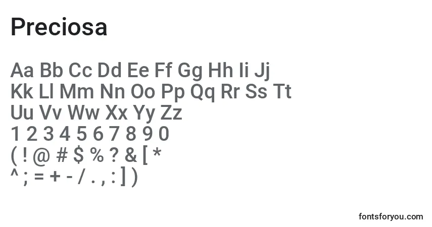 Czcionka Preciosa – alfabet, cyfry, specjalne znaki