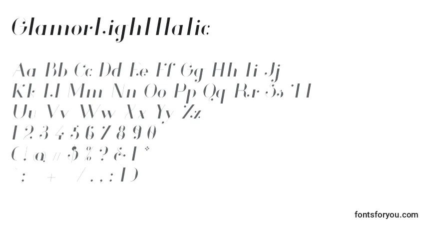 Шрифт GlamorLightItalic (91297) – алфавит, цифры, специальные символы