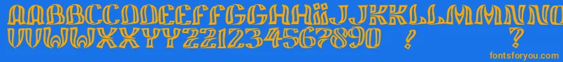 フォントJmhFelizOut – オレンジ色の文字が青い背景にあります。