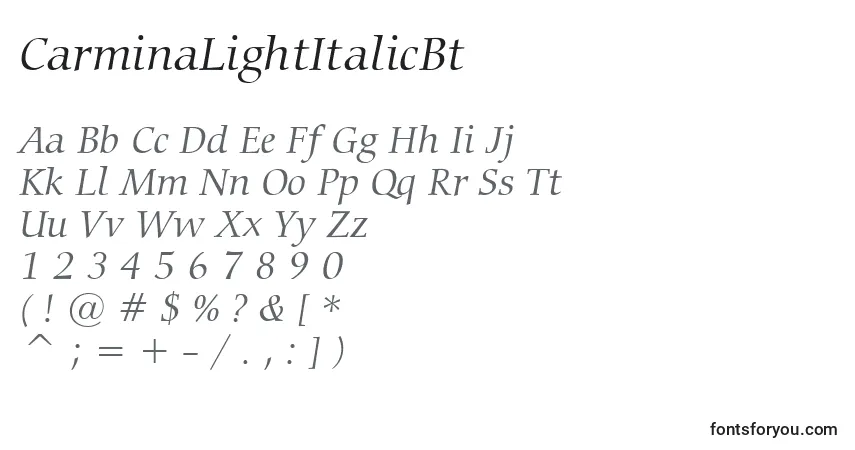Шрифт CarminaLightItalicBt – алфавит, цифры, специальные символы