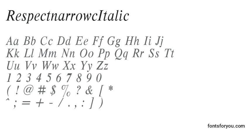 Czcionka RespectnarrowcItalic – alfabet, cyfry, specjalne znaki