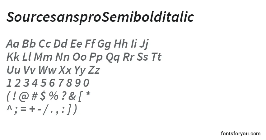 Czcionka SourcesansproSemibolditalic – alfabet, cyfry, specjalne znaki