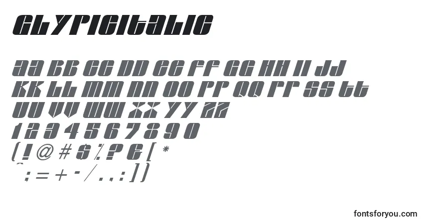 Czcionka GlypicItalic – alfabet, cyfry, specjalne znaki