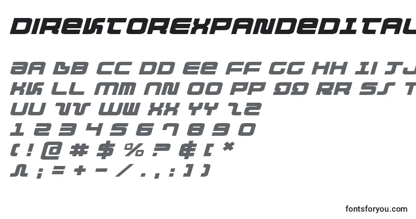 Czcionka DirektorExpandedItalic – alfabet, cyfry, specjalne znaki