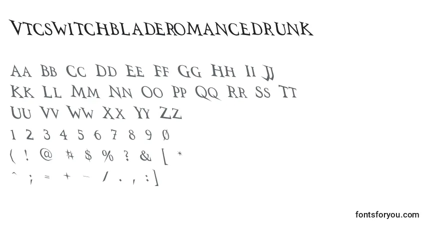 Шрифт Vtcswitchbladeromancedrunk – алфавит, цифры, специальные символы