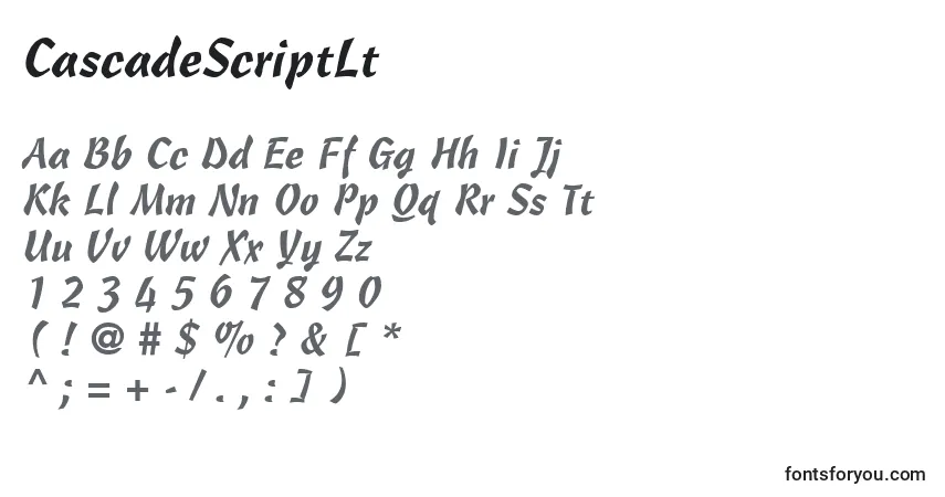 Czcionka CascadeScriptLt – alfabet, cyfry, specjalne znaki