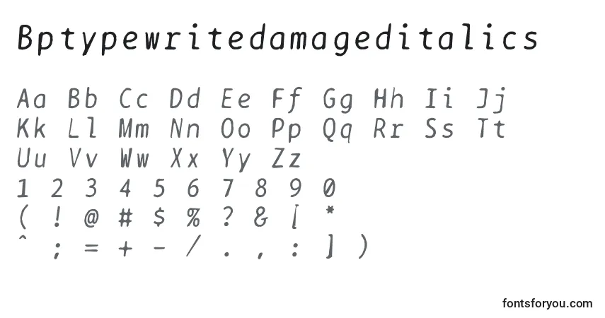 Шрифт Bptypewritedamageditalics – алфавит, цифры, специальные символы
