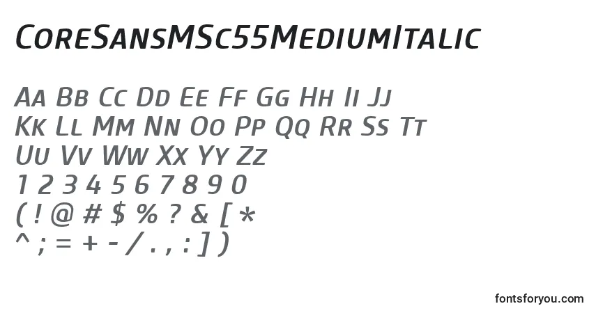 Шрифт CoreSansMSc55MediumItalic – алфавит, цифры, специальные символы