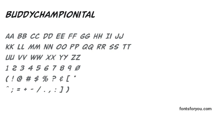 Czcionka Buddychampionital – alfabet, cyfry, specjalne znaki