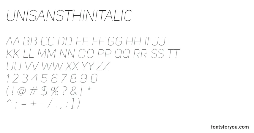 UniSansThinItalicフォント–アルファベット、数字、特殊文字