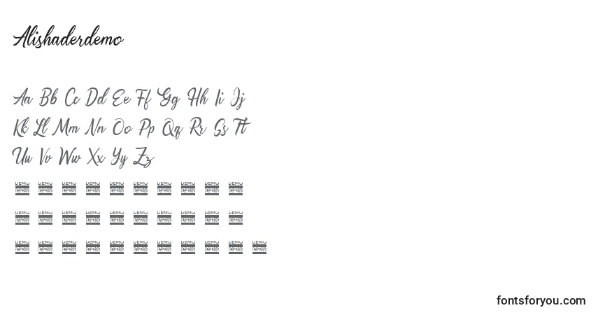 Schriftart Alishaderdemo – Alphabet, Zahlen, spezielle Symbole