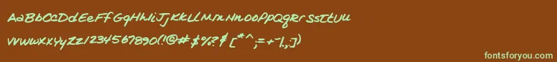 フォントKimsHandwriting – 緑色の文字が茶色の背景にあります。